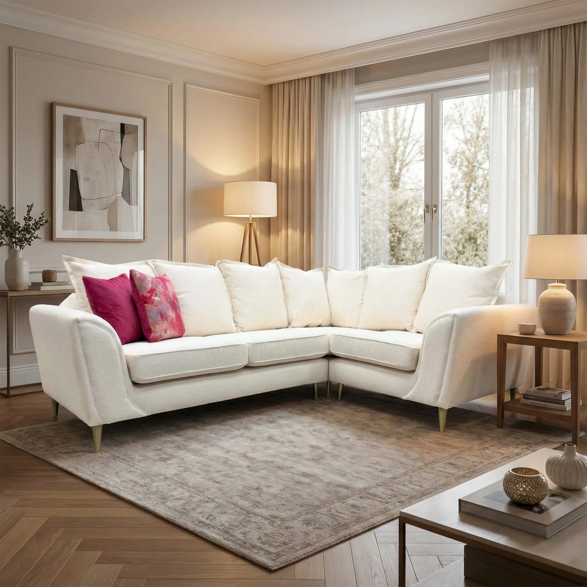 'Alyssia' Cream Boucle Fabric Pillow Back Self Piped Left Hand Facing Corner Sofa - Image 2