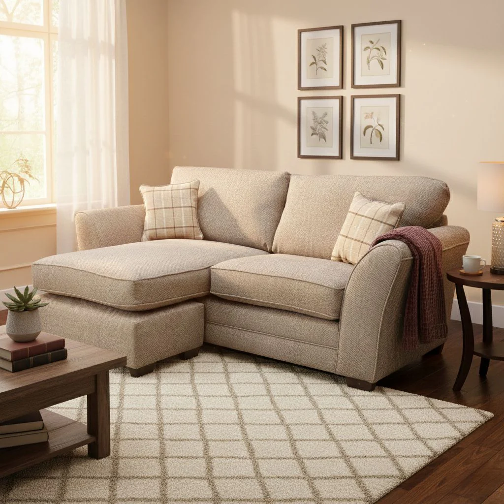 ‘Amelia’ Sultan Brown Woven Fabric 3 Seater Reversible Chaise Sofa - Image 2