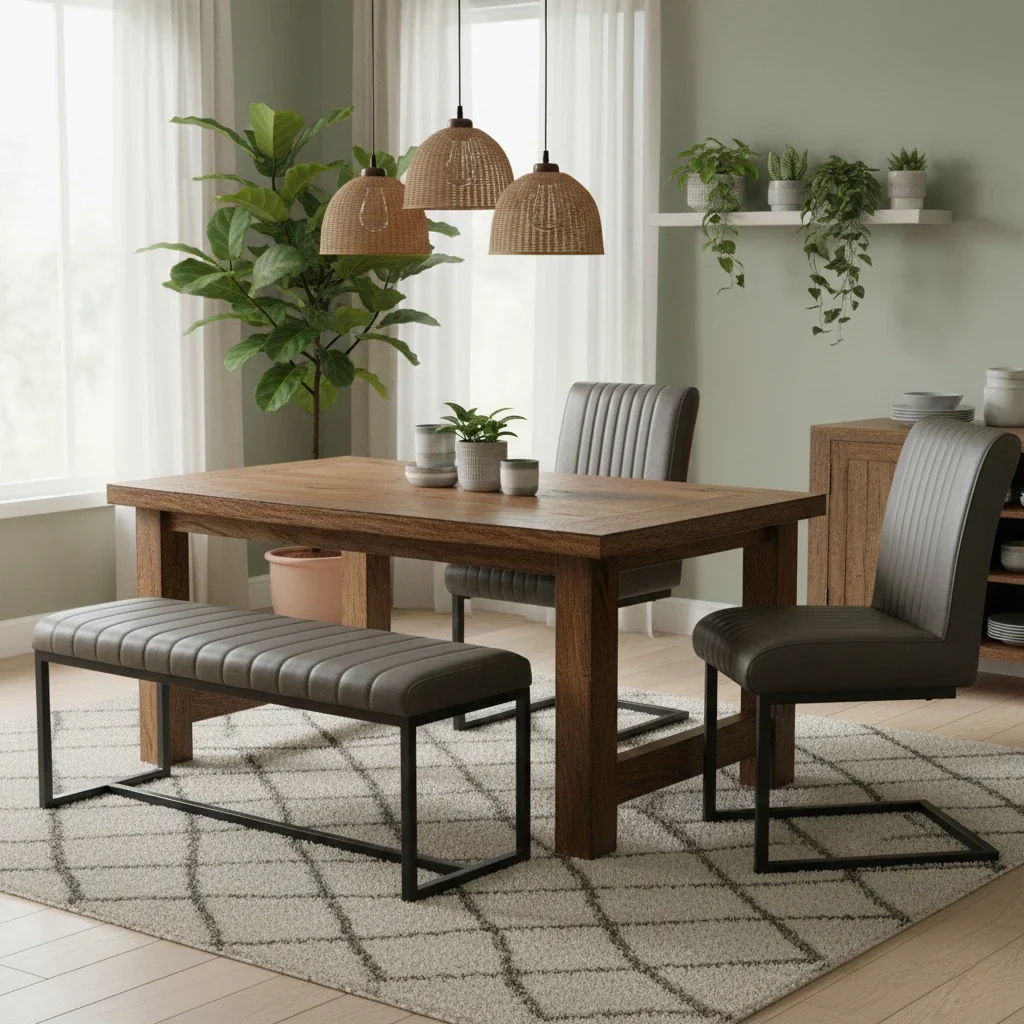 ‘Arthur’ Grey Faux Leather 120cm Dining Bench + 2 Cantilever Dining Chairs - Set of 3 - Image 2