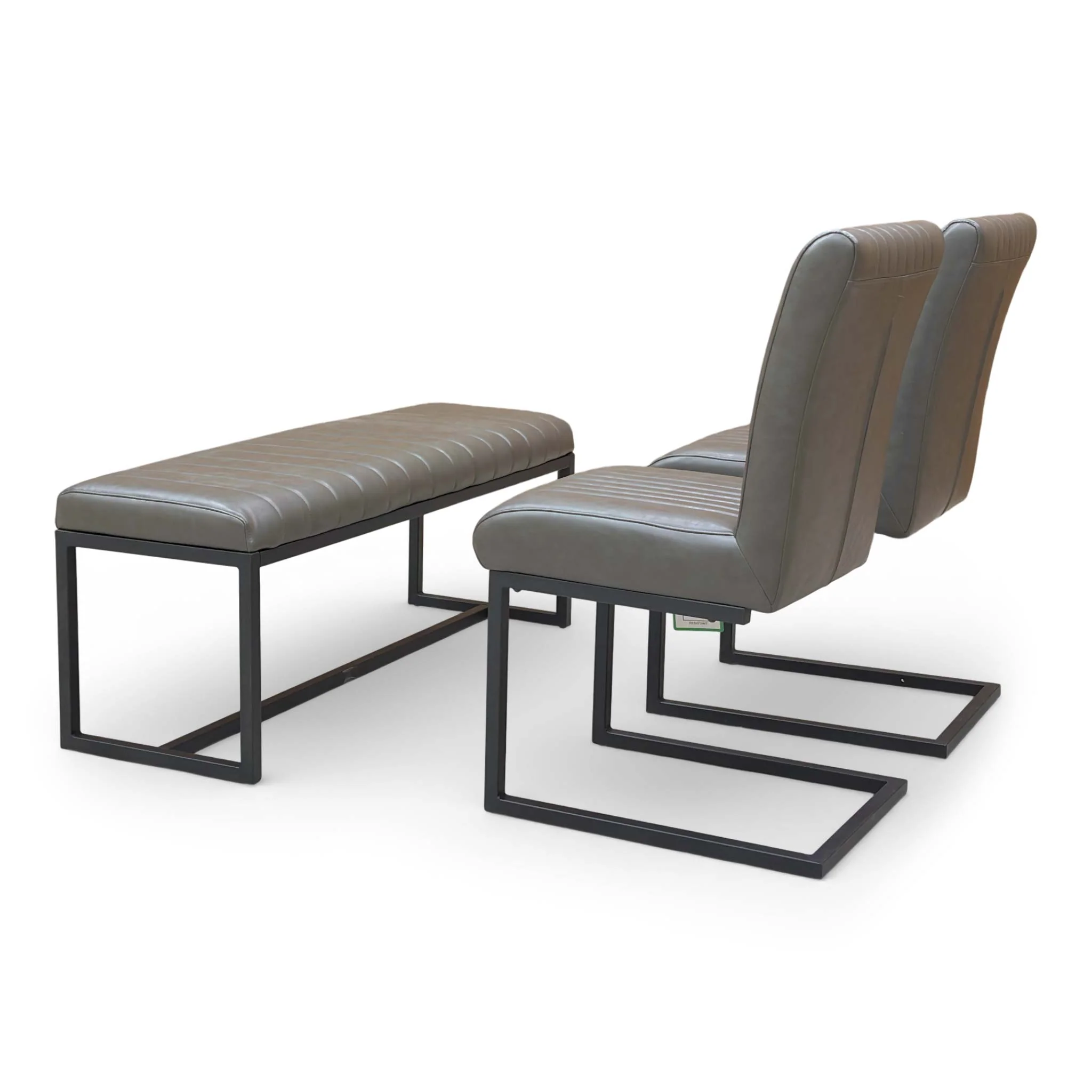 ‘Arthur’ Grey Faux Leather 120cm Dining Bench + 2 Cantilever Dining Chairs - Set of 3 - Image 6
