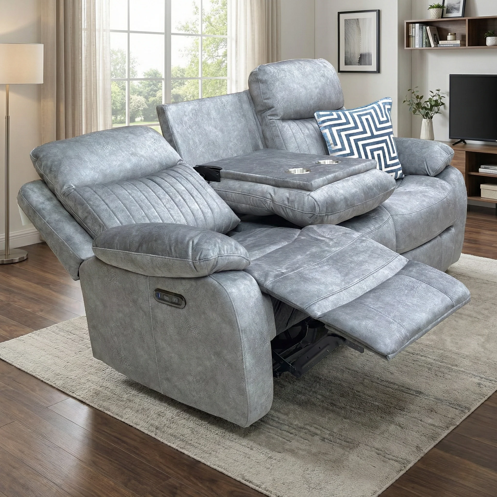 ‘Brystol’ Dapple Grey Velvet 3 Seater Power Recliner Sofa with Drop Down Cup Holder - Image 2