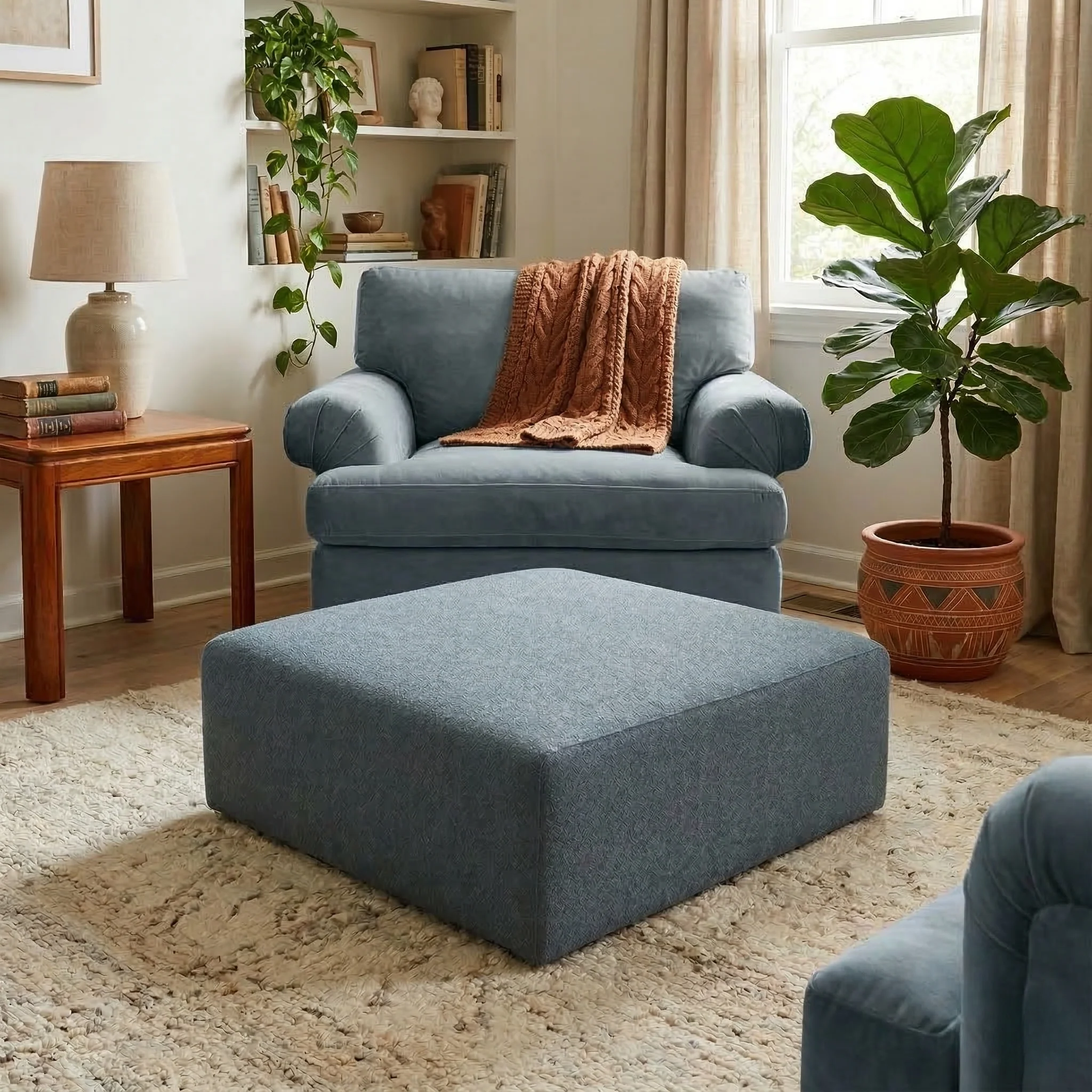 ‘Calix’ Charcoal Calix Boucle Plain Large Square Footstool - Image 2