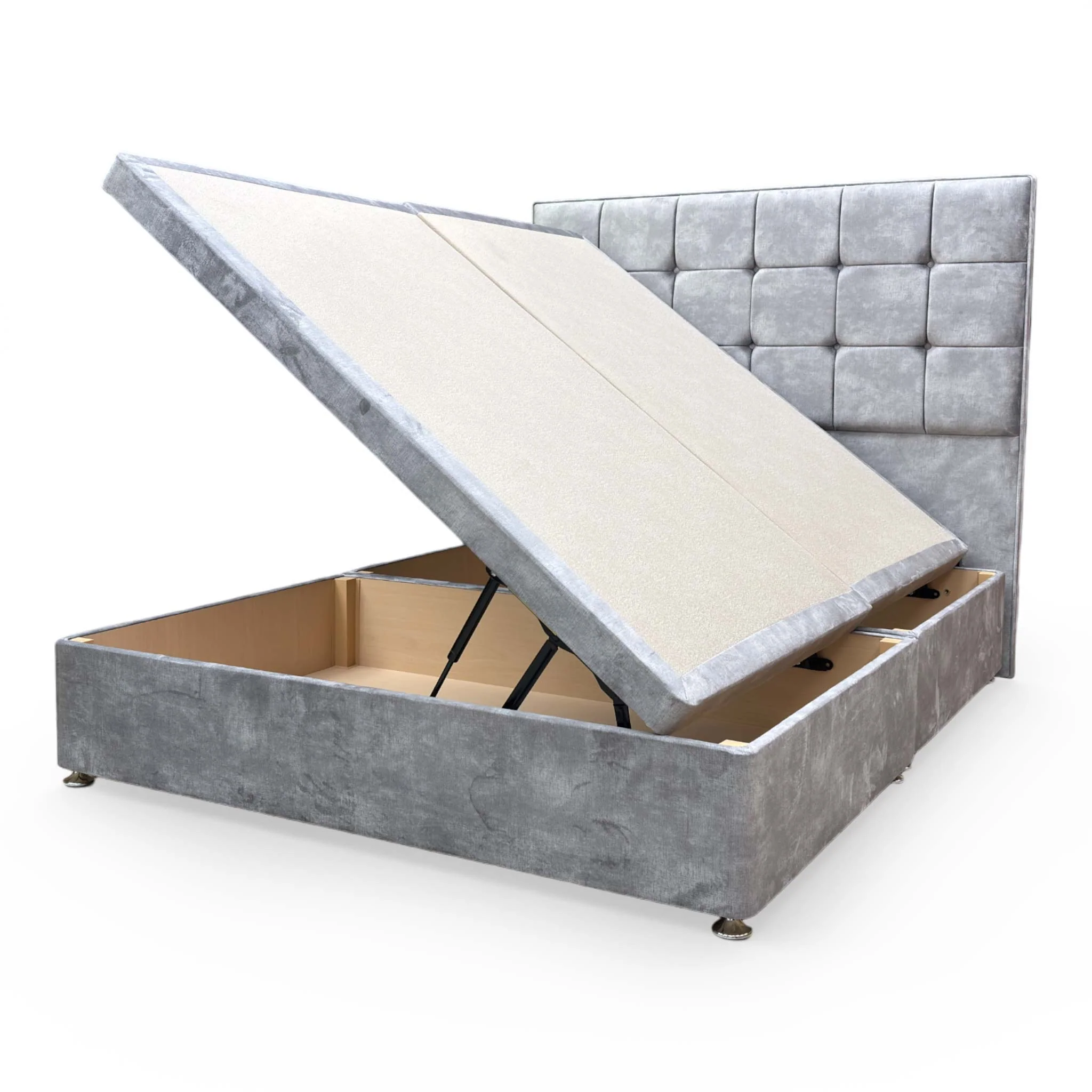 ‘Capricorn’ Lace Dolphin Velvet Floor Standing Headboard + Double Side Lift Ottoman Base - King - Image 7