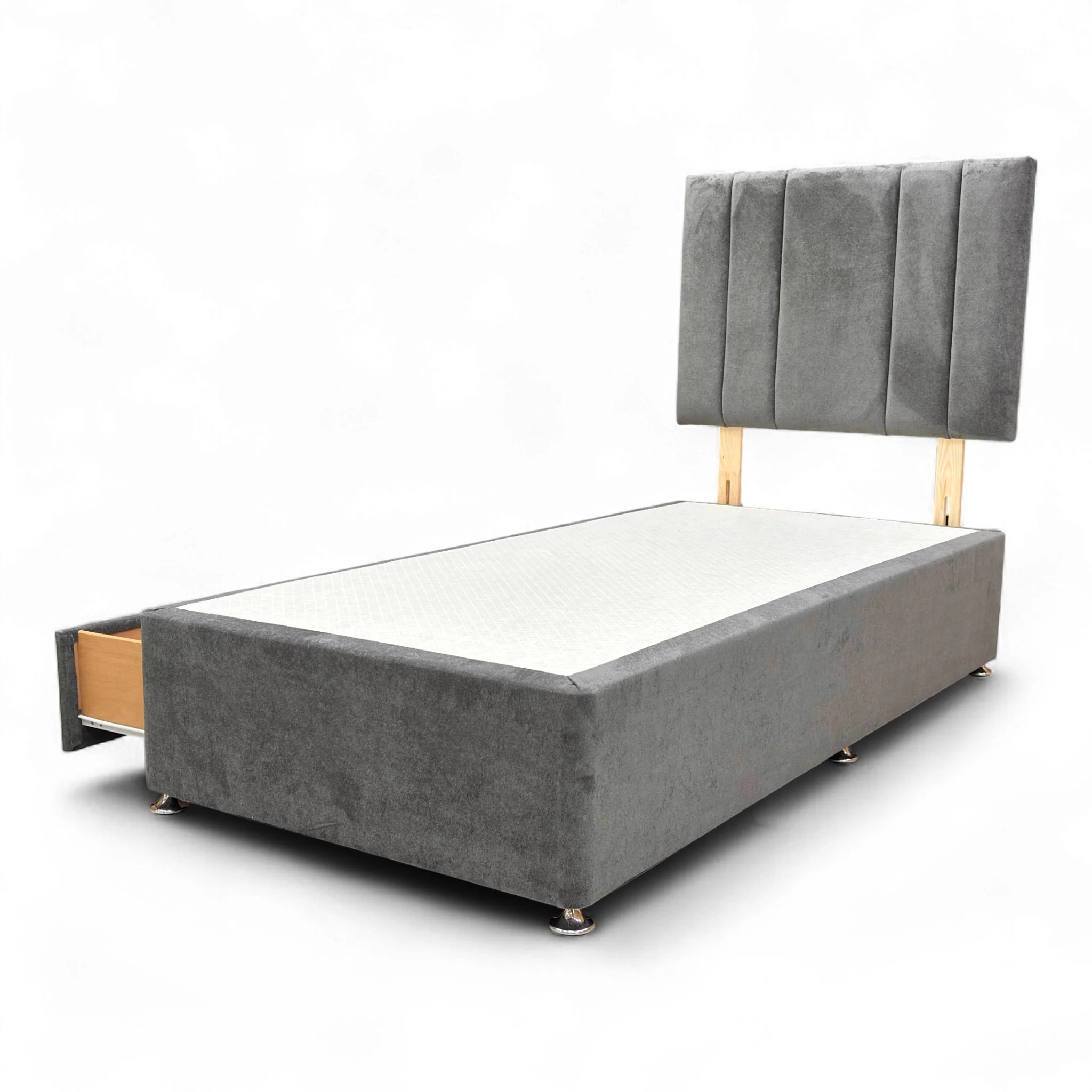 ‘Cygnus’ Milan Thunder Velvet Headboard + 2 Draw Divan Base - Single - Image 6