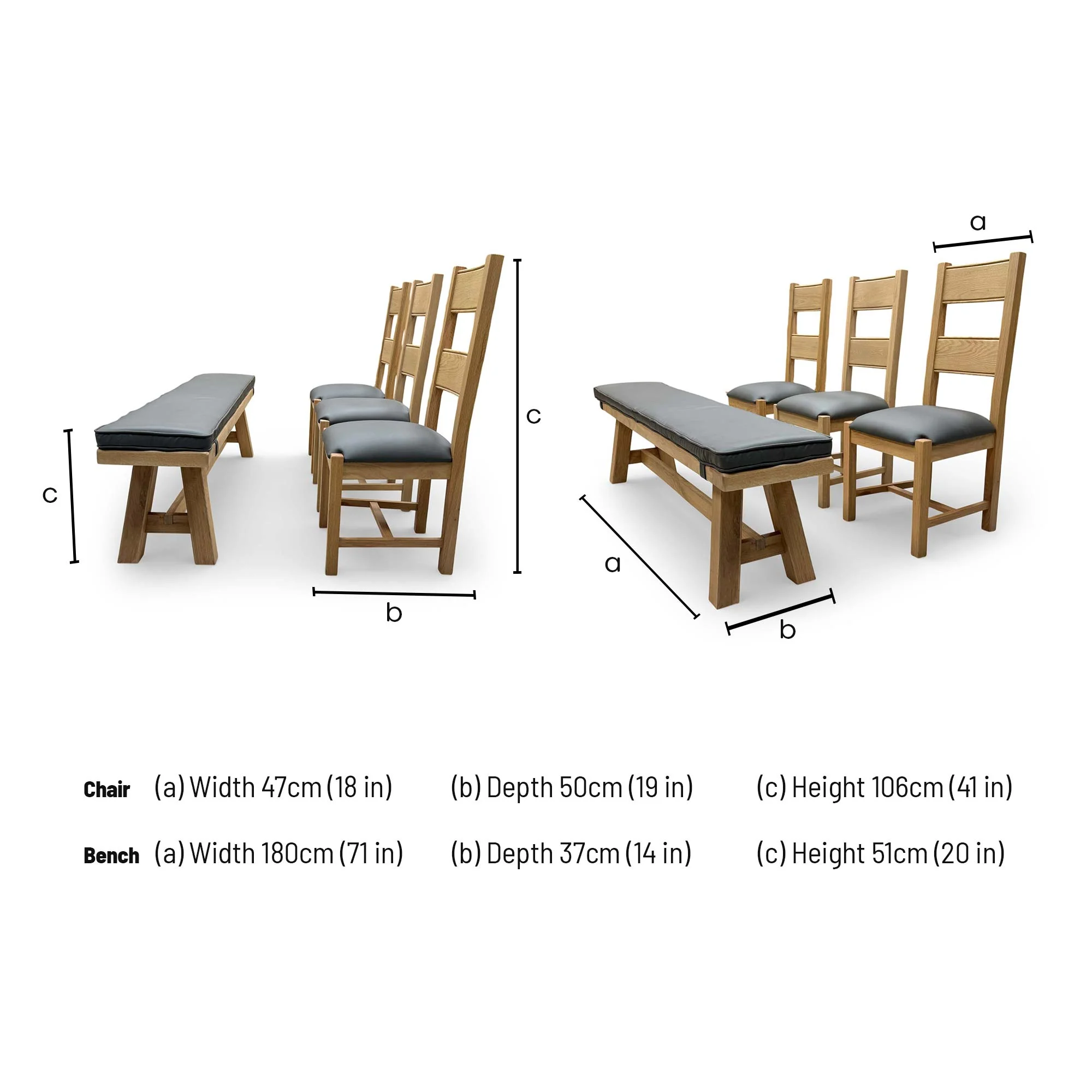 'Delaney' Grey Faux Leather Upholstered Wooden Slat Back Chairs + Large Dining Bench with Faux Leather Bench Pad - Set of 4 - Image 7