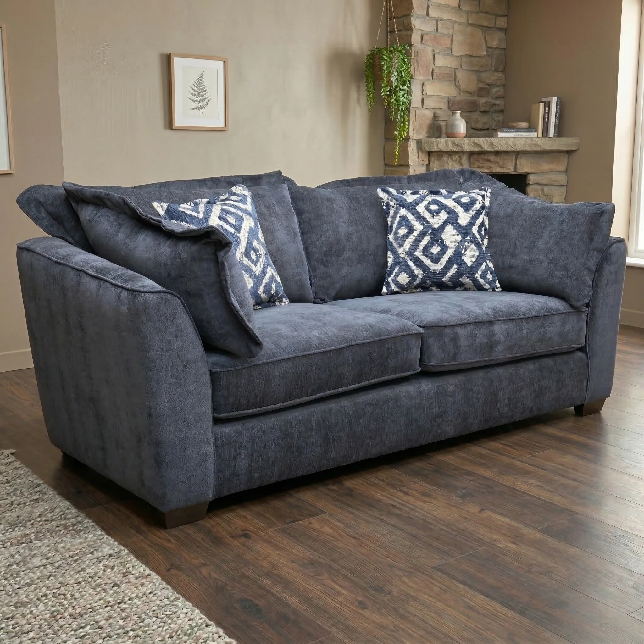‘Finchley’ Denim Blue Derwent Soft Weave Fabric Classic Back 3 Seater Sofa - Image 2