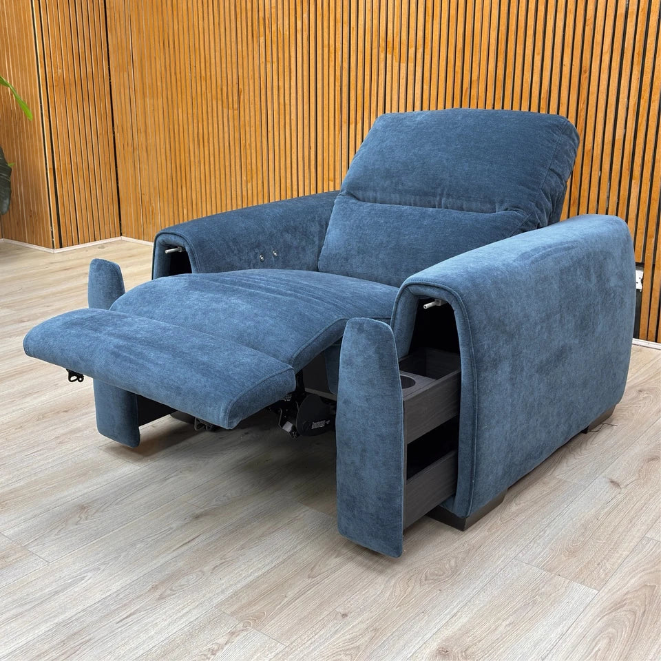 ‘Flex’ Fab-Can-R330 Steel Blue Velvet Power Recliner Armchair with Storage Arms - Image 3