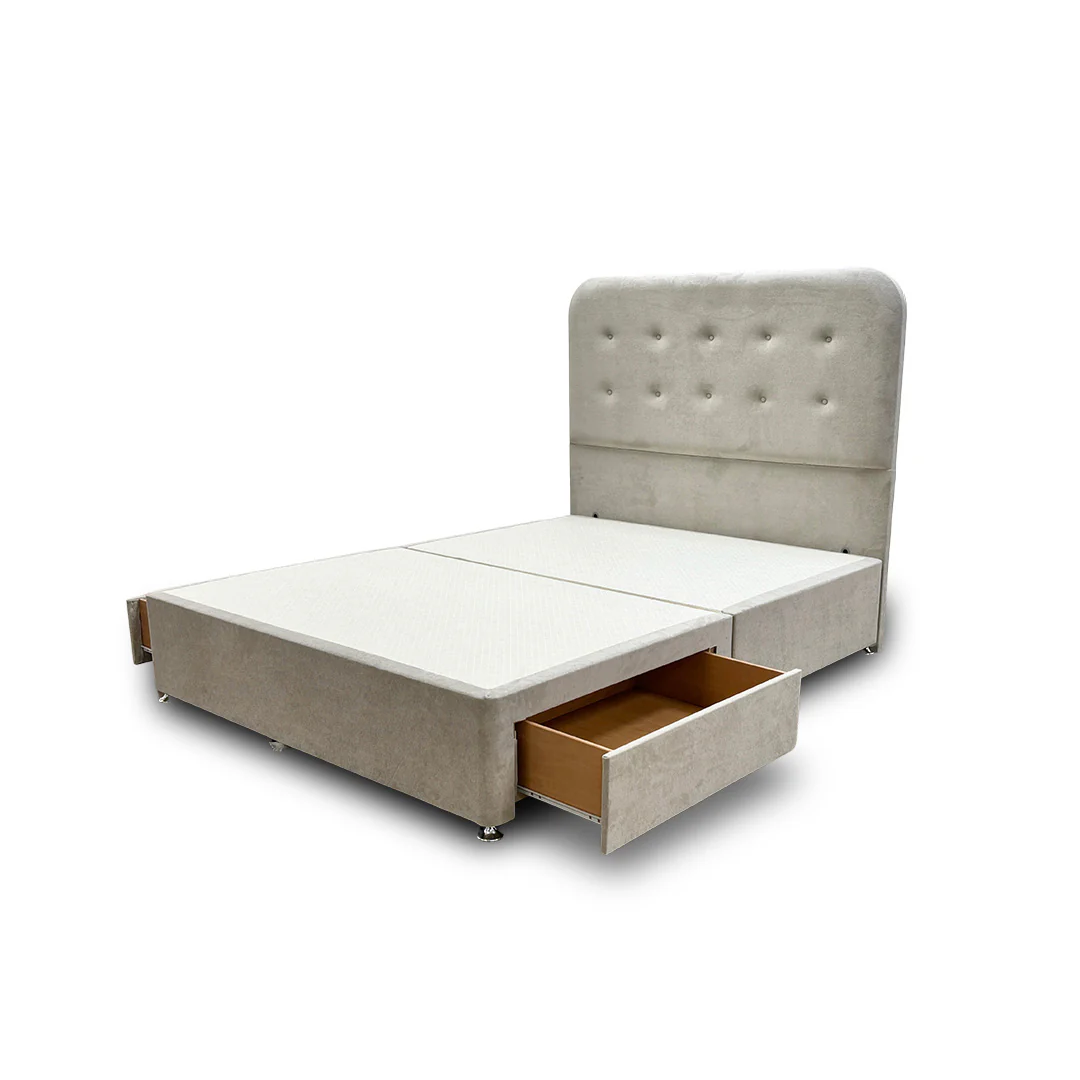 ‘Langley’ Stone Fabric Floor Standing Headboard + Base with 2 Drawers - King - Image 4