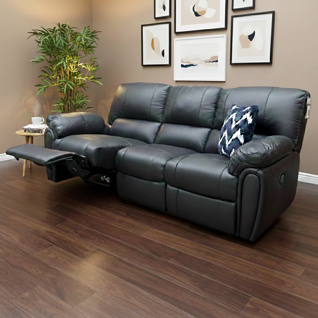 ‘Leighton’ Faux Leather High Back 3 Seater Power Recliner Sofa - Black - Image 2