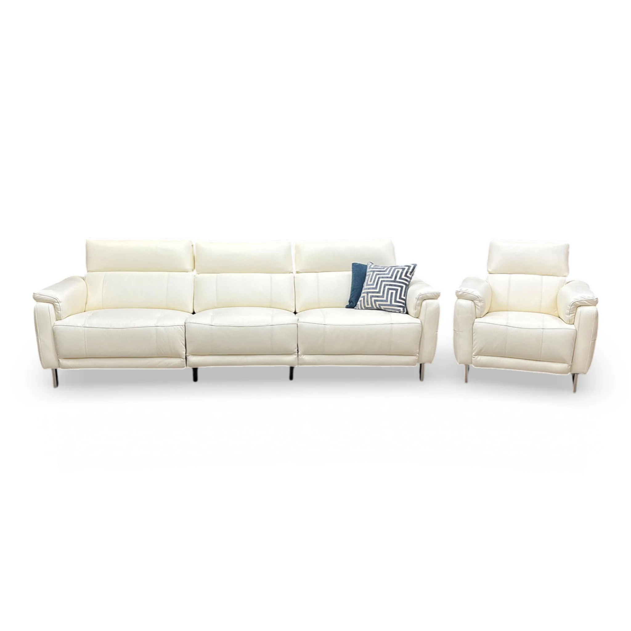 ‘Moet’ Cat-40:13 Cotton White Leather 4 Seater Power Recliner Sofa with Telescopic Headrests + Power Chair - Image 8