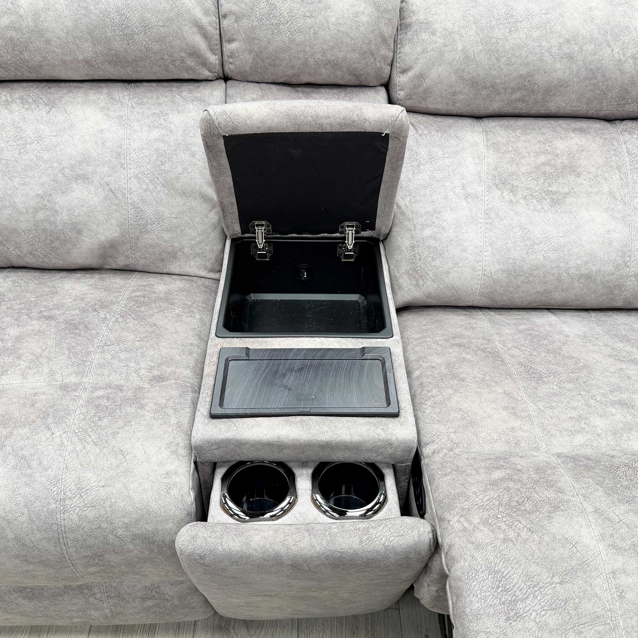 'Moreno' Dapple Grey Velvet XL 4 Seater Power Recliner Sofa with Power Headrests, Power Armless Unit + Power Cup Holder Console - Image 9