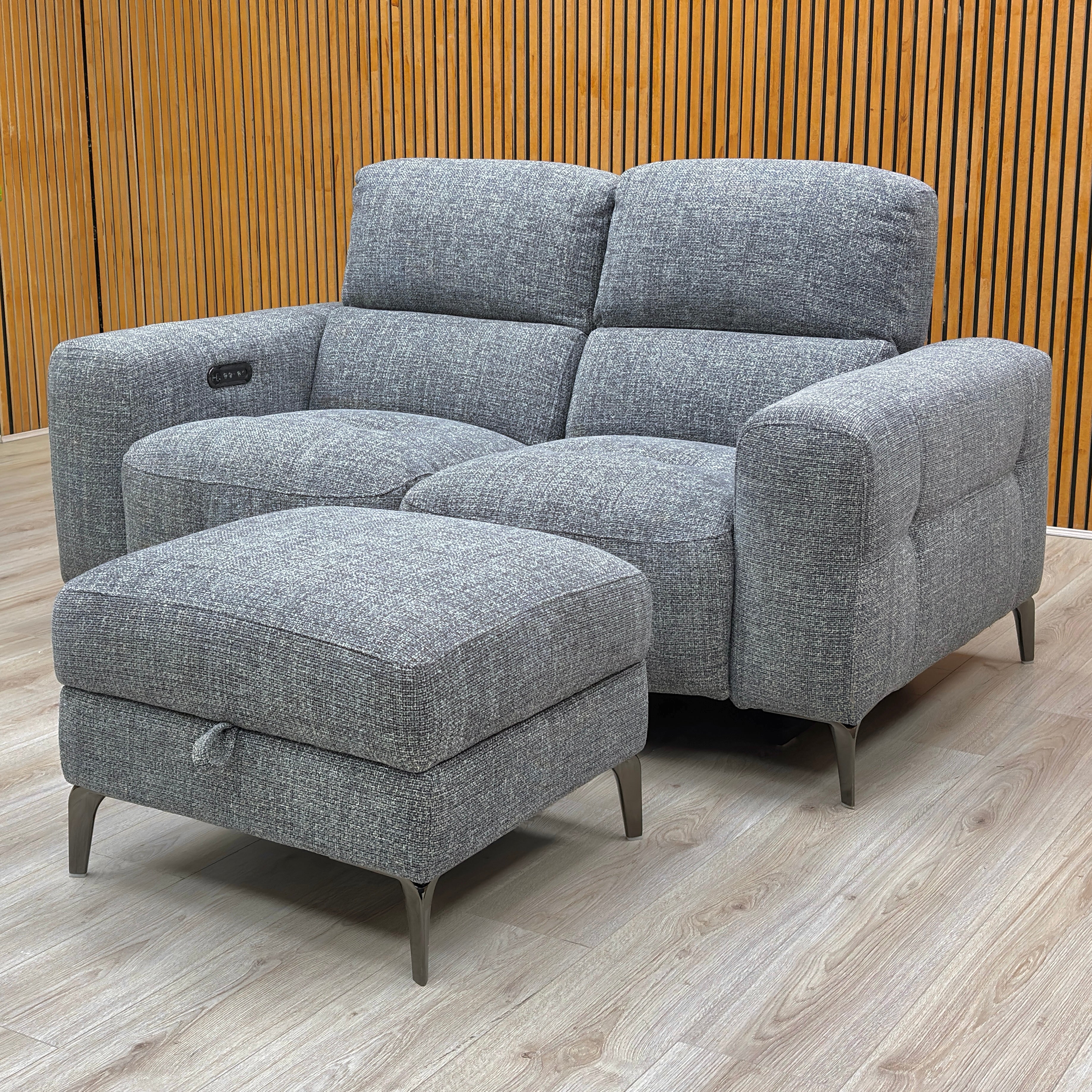 ‘New York’ Fab-Cac-R450 Gun Metal Woven Fabric 2 Seater Power Recliner Sofa with Power Headrests + Storage Footstool - Image 3