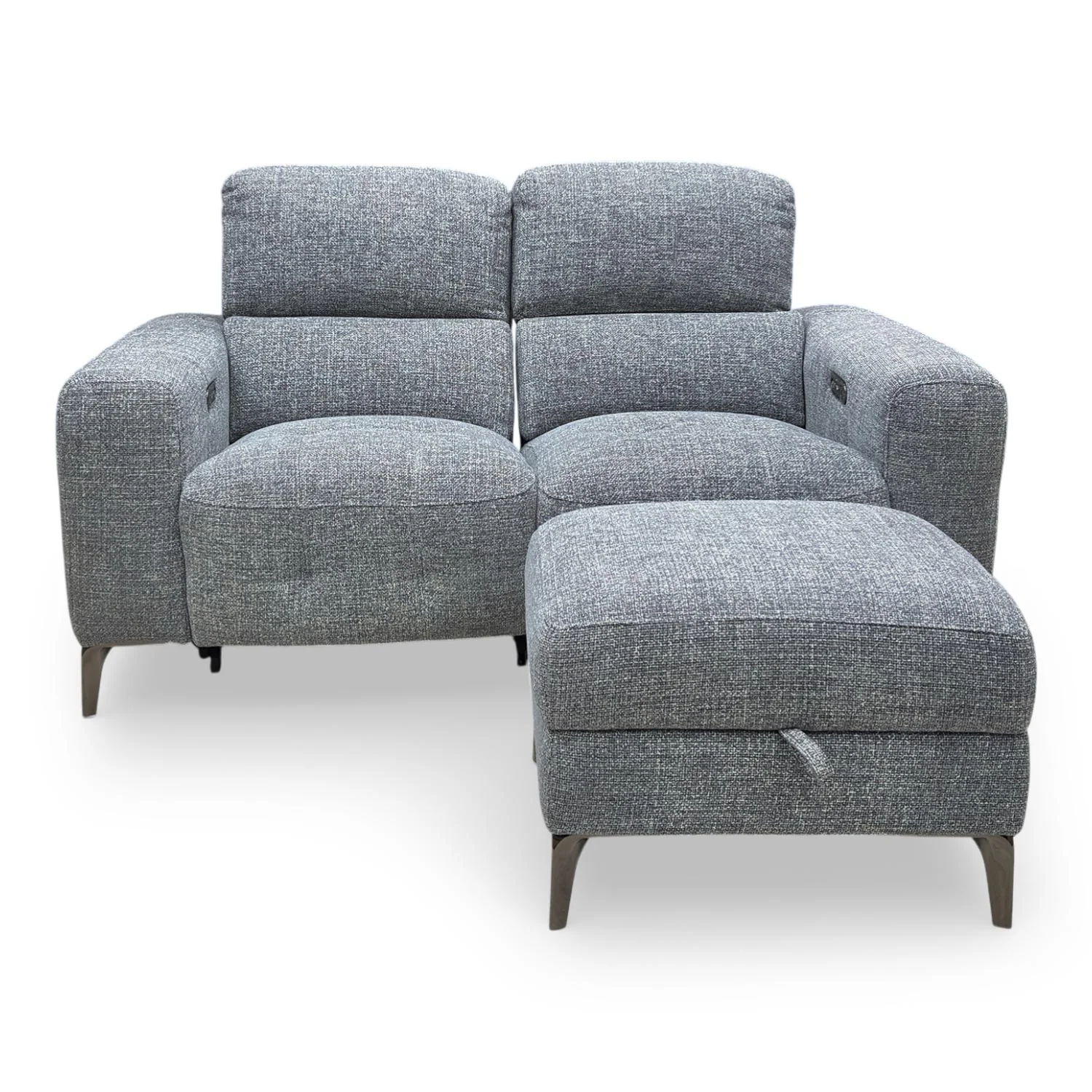 ‘New York’ Fab-Cac-R450 Gun Metal Woven Fabric 2 Seater Power Recliner Sofa with Power Headrests + Storage Footstool - Image 6