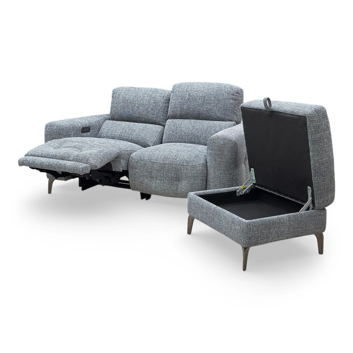 ‘New York’ Fab-Cac-R450 Gun Metal Woven Fabric 2 Seater Power Recliner Sofa with Power Headrests + Storage Footstool - Image 7