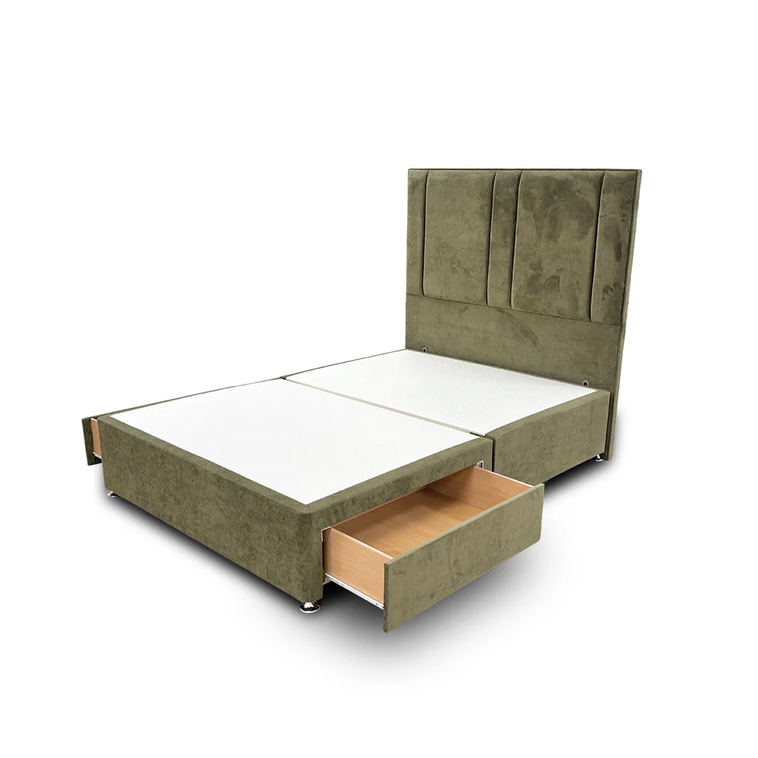 ‘Pegasus’ Khaki Velvet Floor Standing Headboard + Base with 2 Drawers - Double - Image 4