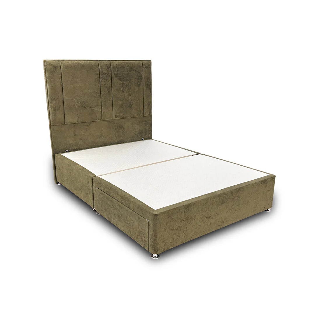 ‘Pegasus’ Khaki Velvet Floor Standing Headboard + Base with 2 Drawers - Double - Image 5