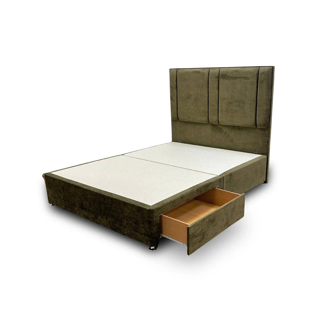 ‘Pegasus’ Khaki Velvet Floor Standing Headboard + Base with 2 Drawers - King - Image 4