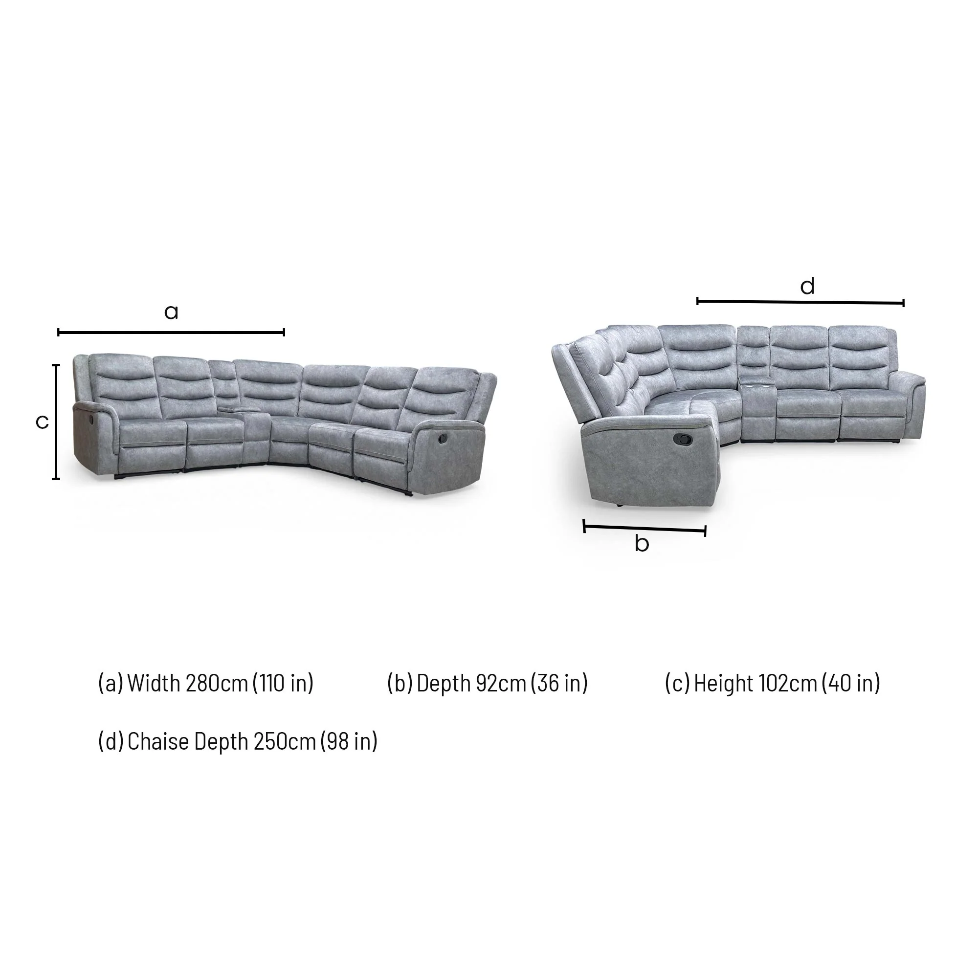 ‘Polly’ Dapple Grey Velvet Manual Recliner 2 Corner 2 Sofa with Cup Holder Console - Image 15