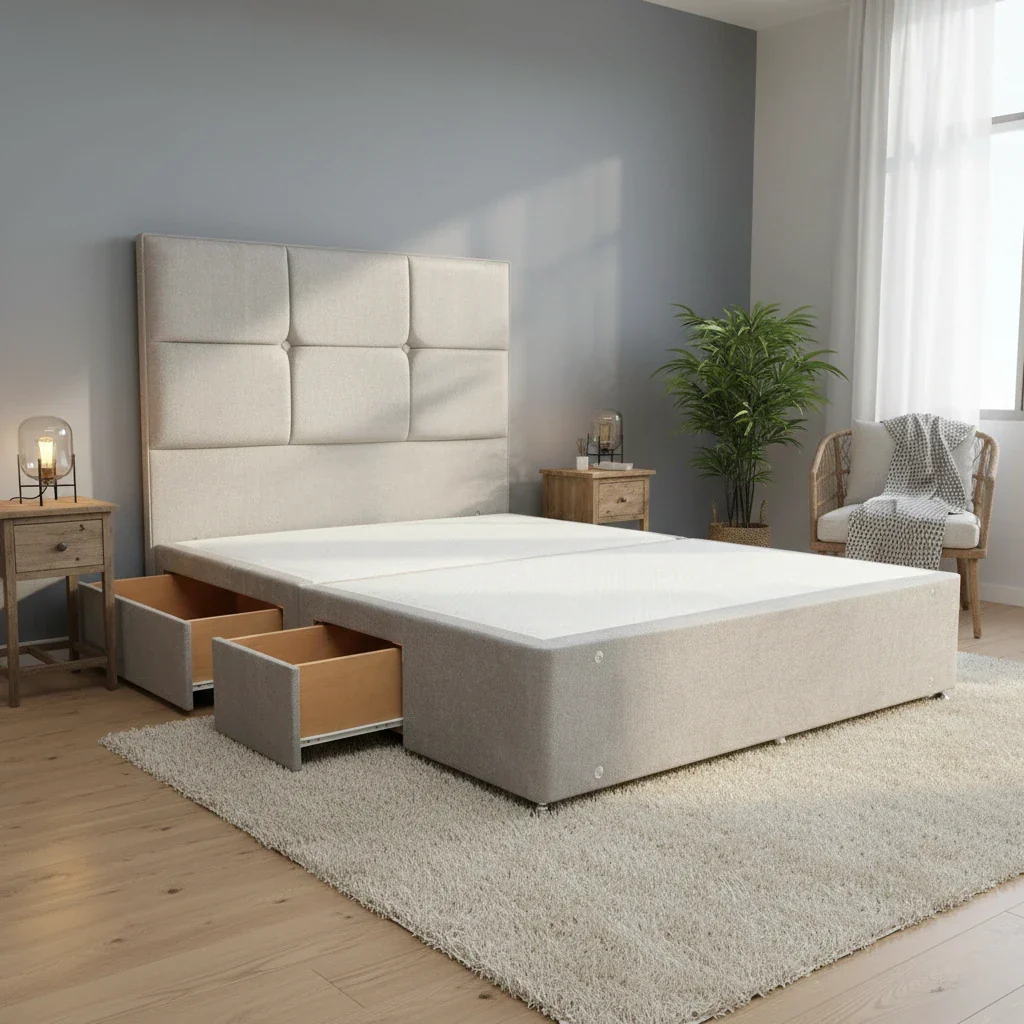 'Saggitarius' Milan Nickel Fabric Floor Standing Headboard + 4 Draw Divan Base - King - Image 2