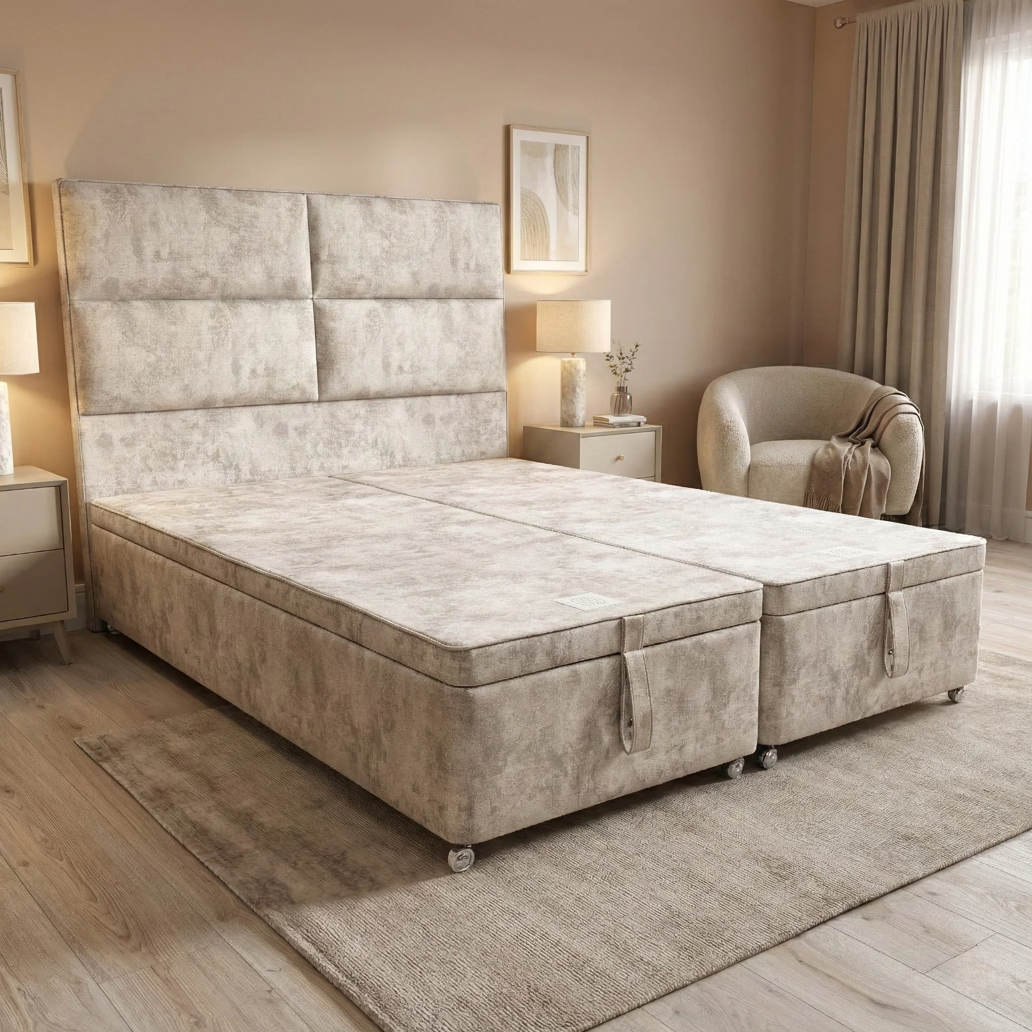 Sleep Story ‘Cadmore’ Dapple Brown Velvet Floor Standing Headboard + Double End Lift Ottoman Base - King - Image 2