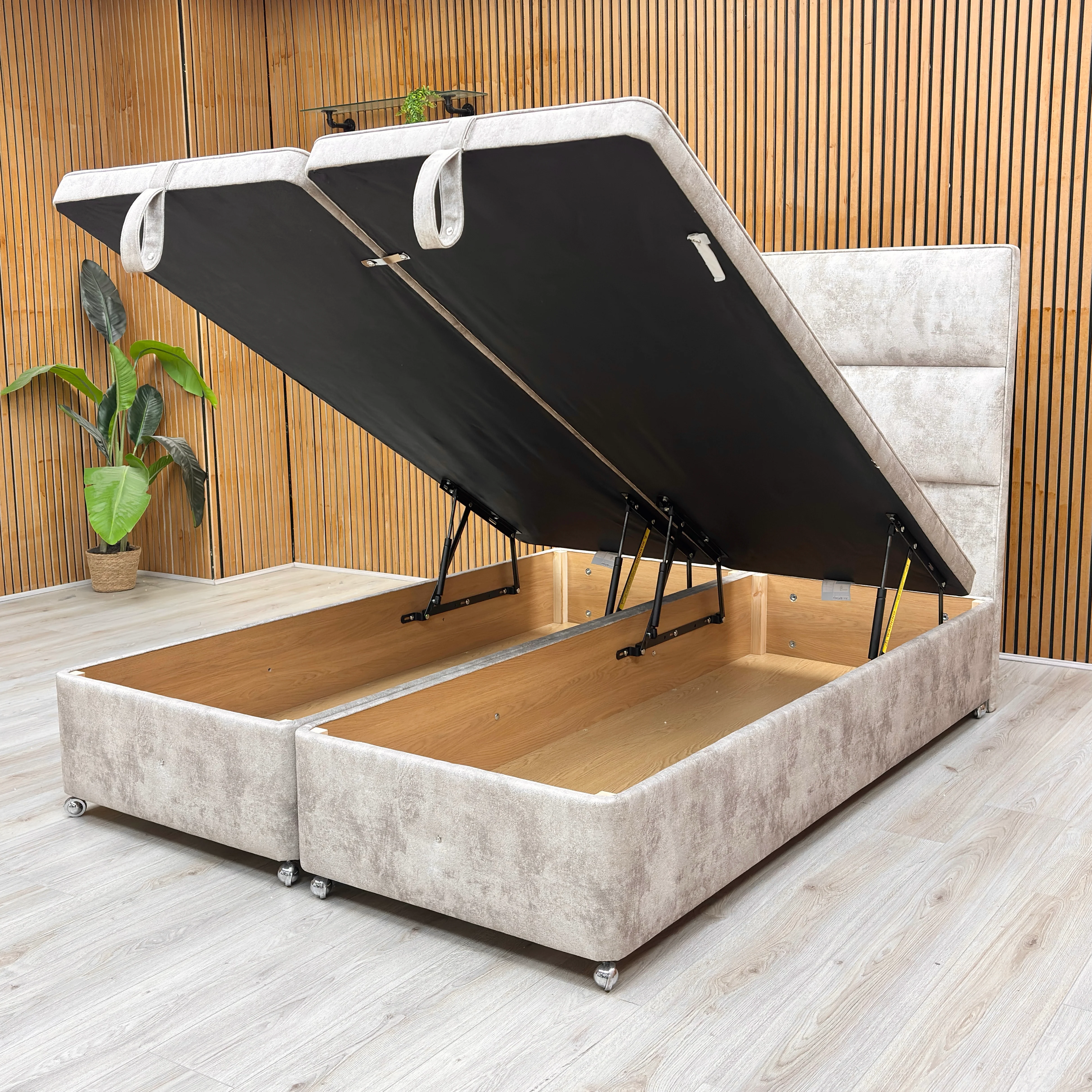 Sleep Story ‘Cadmore’ Dapple Brown Velvet Floor Standing Headboard + Double End Lift Ottoman Base - King - Image 3