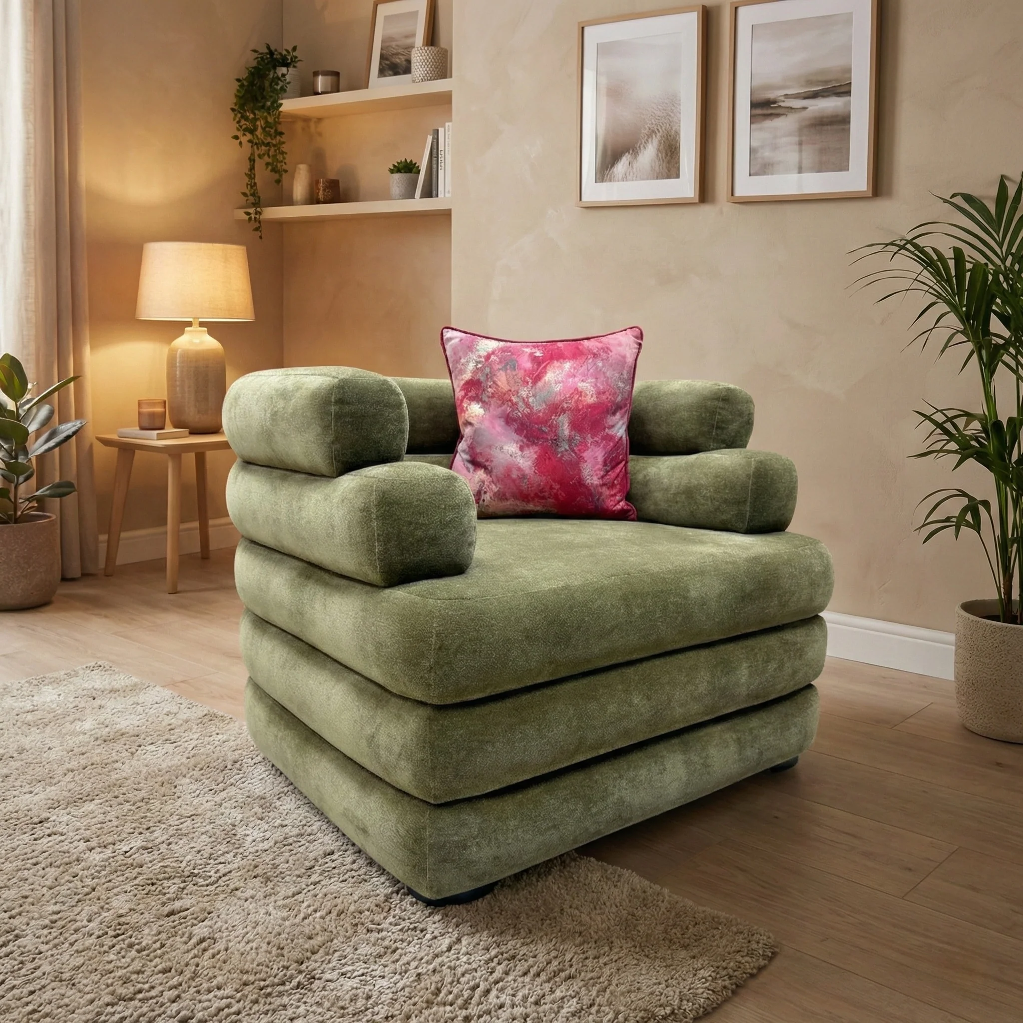 'Stacked' Olive Green Chenille Fabric Armchair - Image 2
