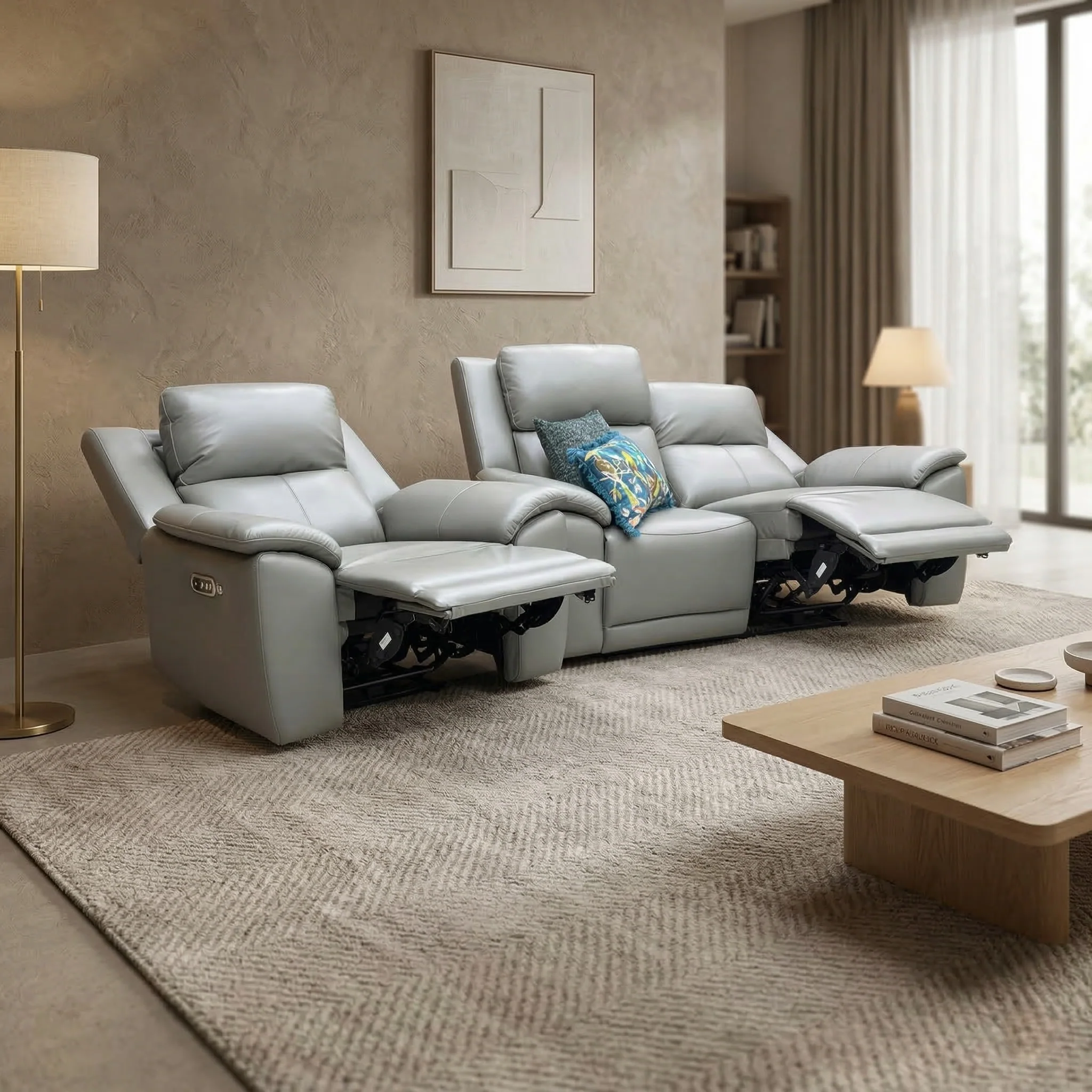 ‘Utah’ Natural Ash Grey La-4825 Leather 2 Seater Power Recliner Sofa with Power Headrests, Power Lumbar and Heated Seats + Power Chair with Heated Seat - Image 2