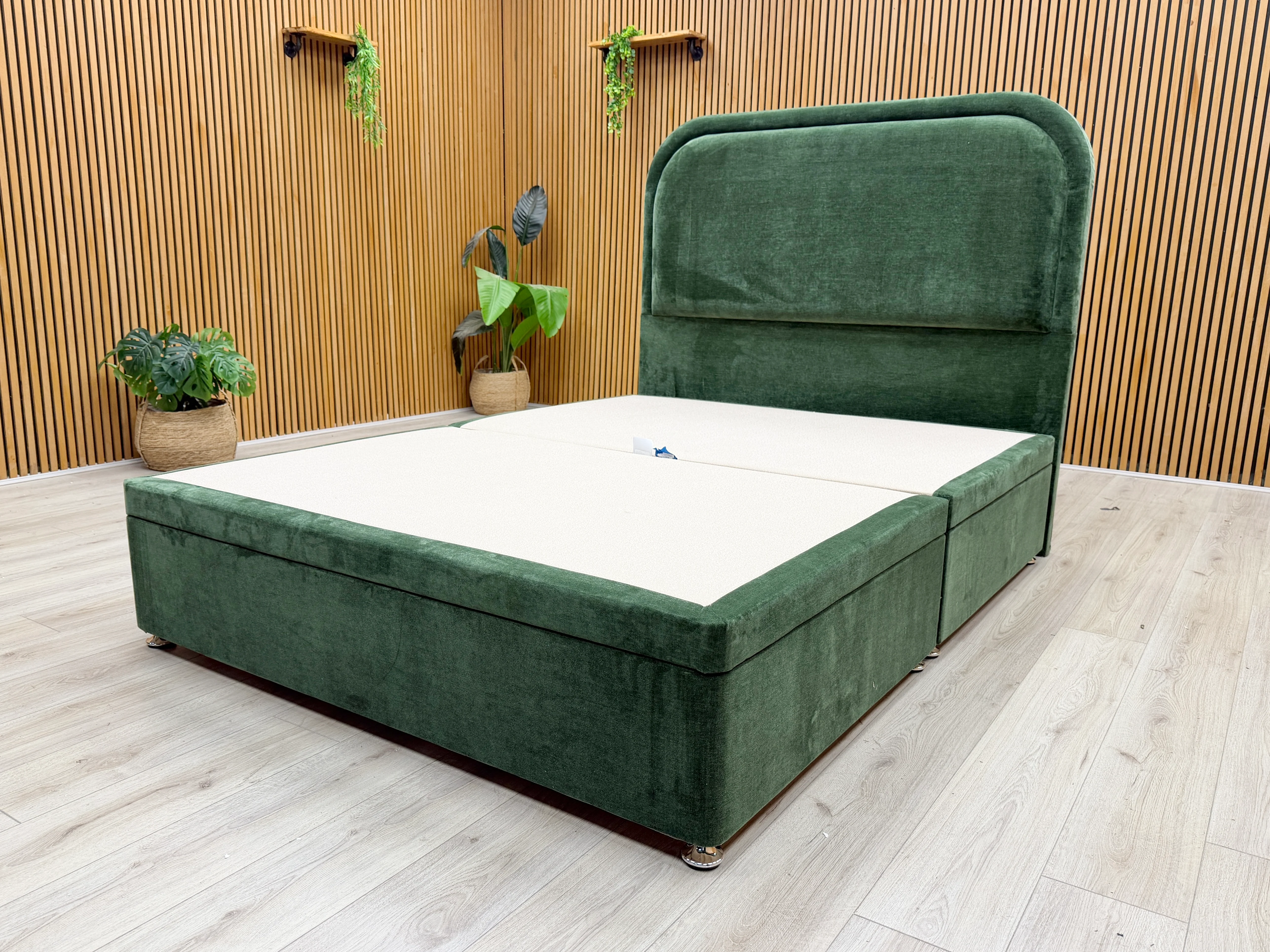 'Warwick' Aston Moss Fabric Floor Standing Headboard + Double Side Lift Ottoman Divan Base - King - Image 3